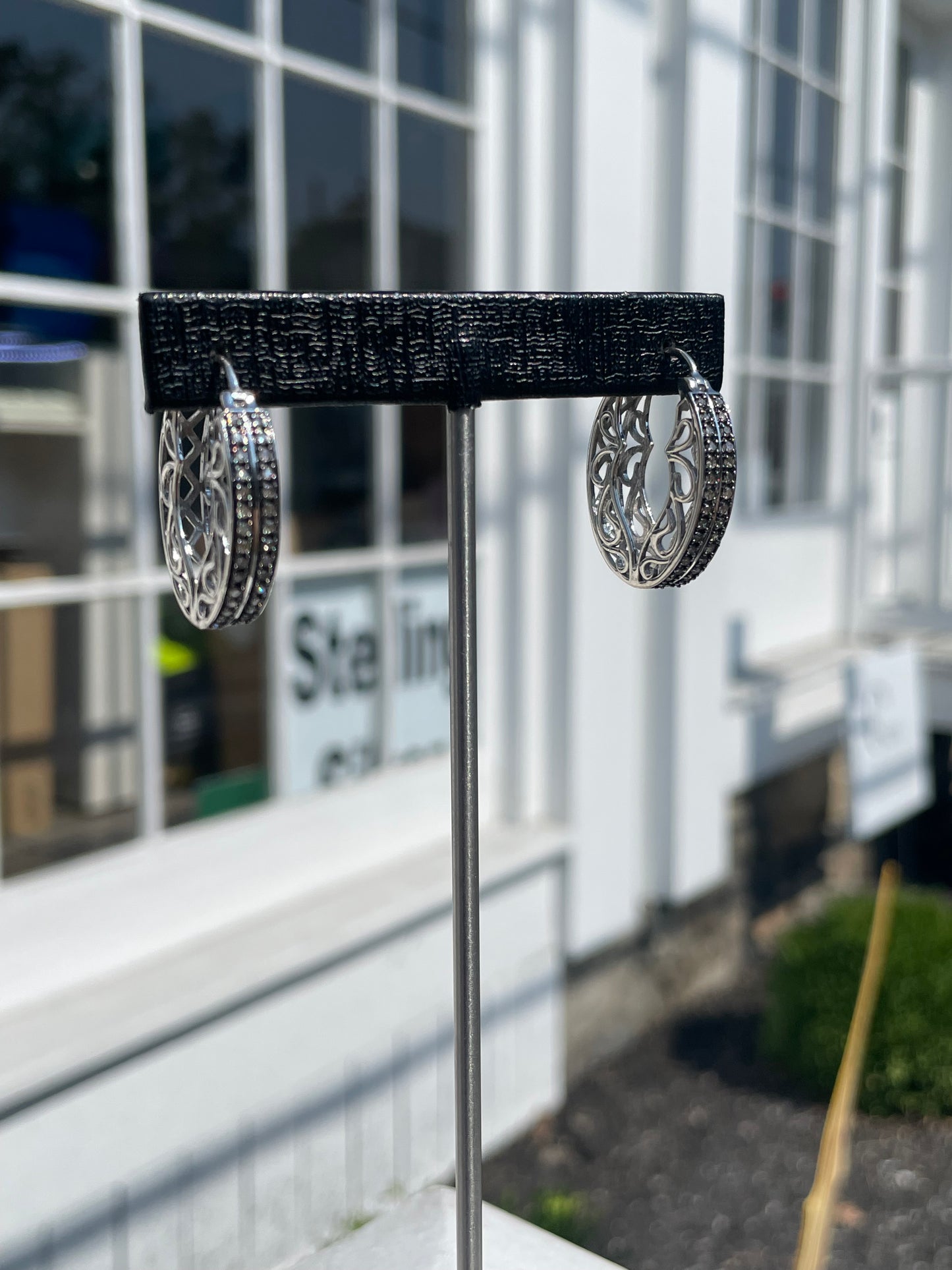 925 Sterling Silver .60ct Natural Diamond Oval Filigree Hoop Earrings