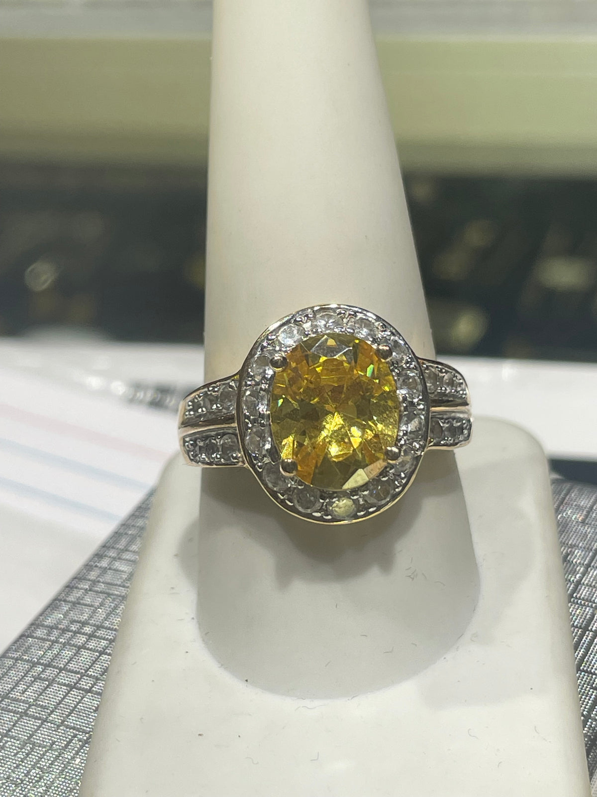 925 Sterling Silver Vermeil Simulated Yellow Topaz & Cz Ring Size 10