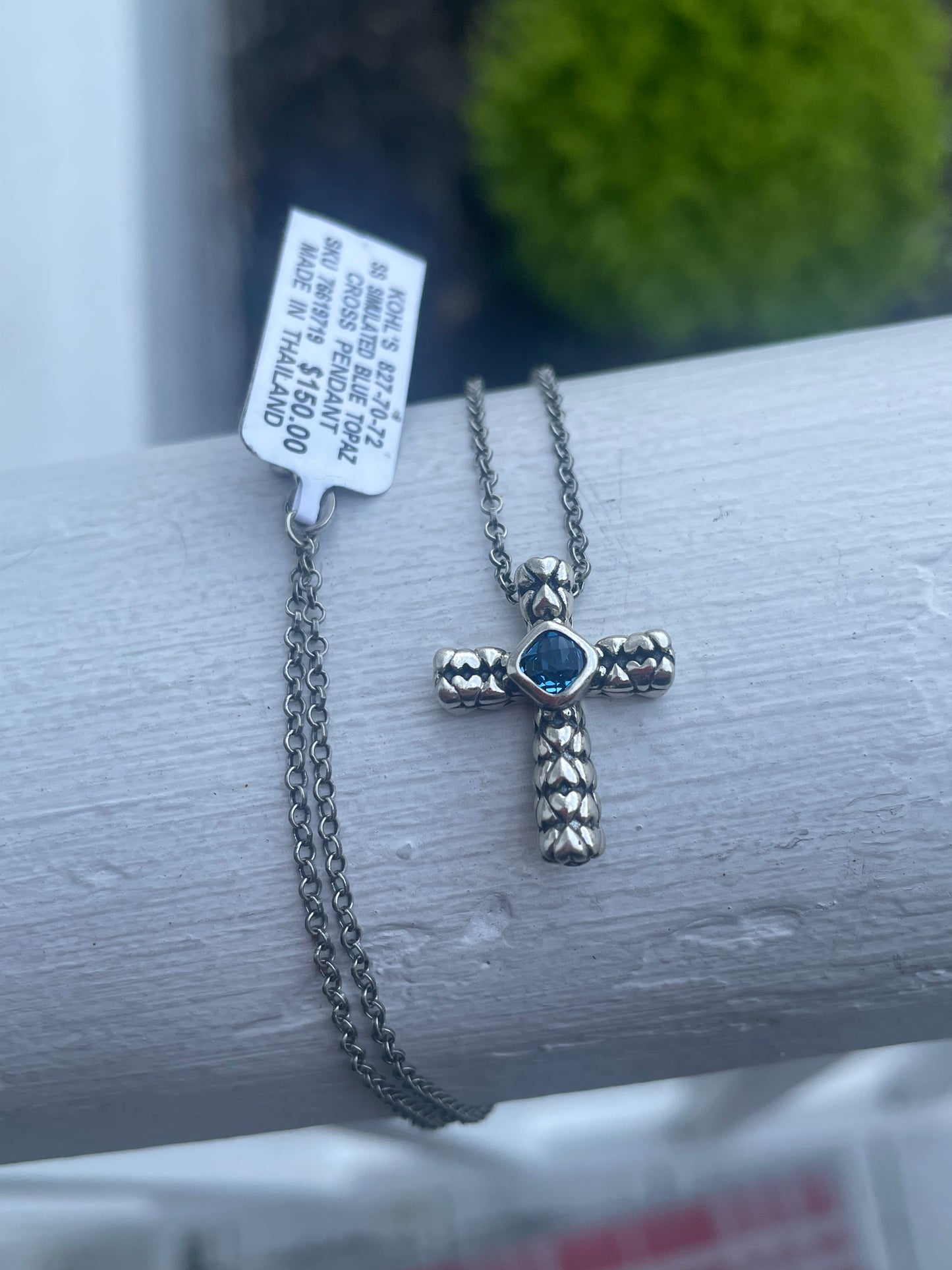 925 Sterling Silver Silver Simulated Blue Topaz Cross Necklace