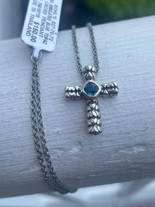 925 Sterling Silver Silver Simulated Blue Topaz Cross Necklace