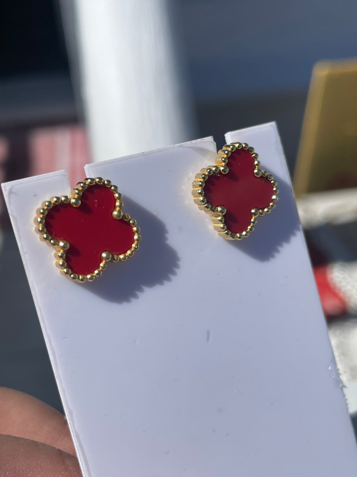 Stainless steel vermeil red quatrefoil stud earrings