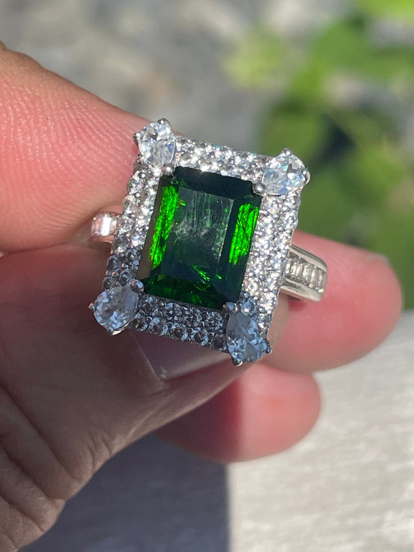 925 Sterling Silver Chrome Diopside & Cz Cluster Ring Size 6
