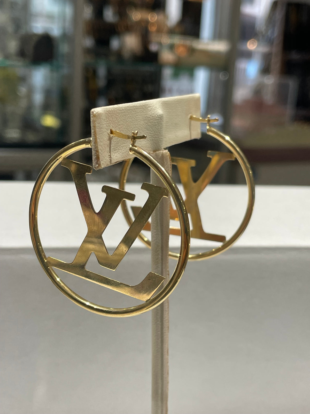 Solid 14k Gold LV Logo Designed Hoop Earrings