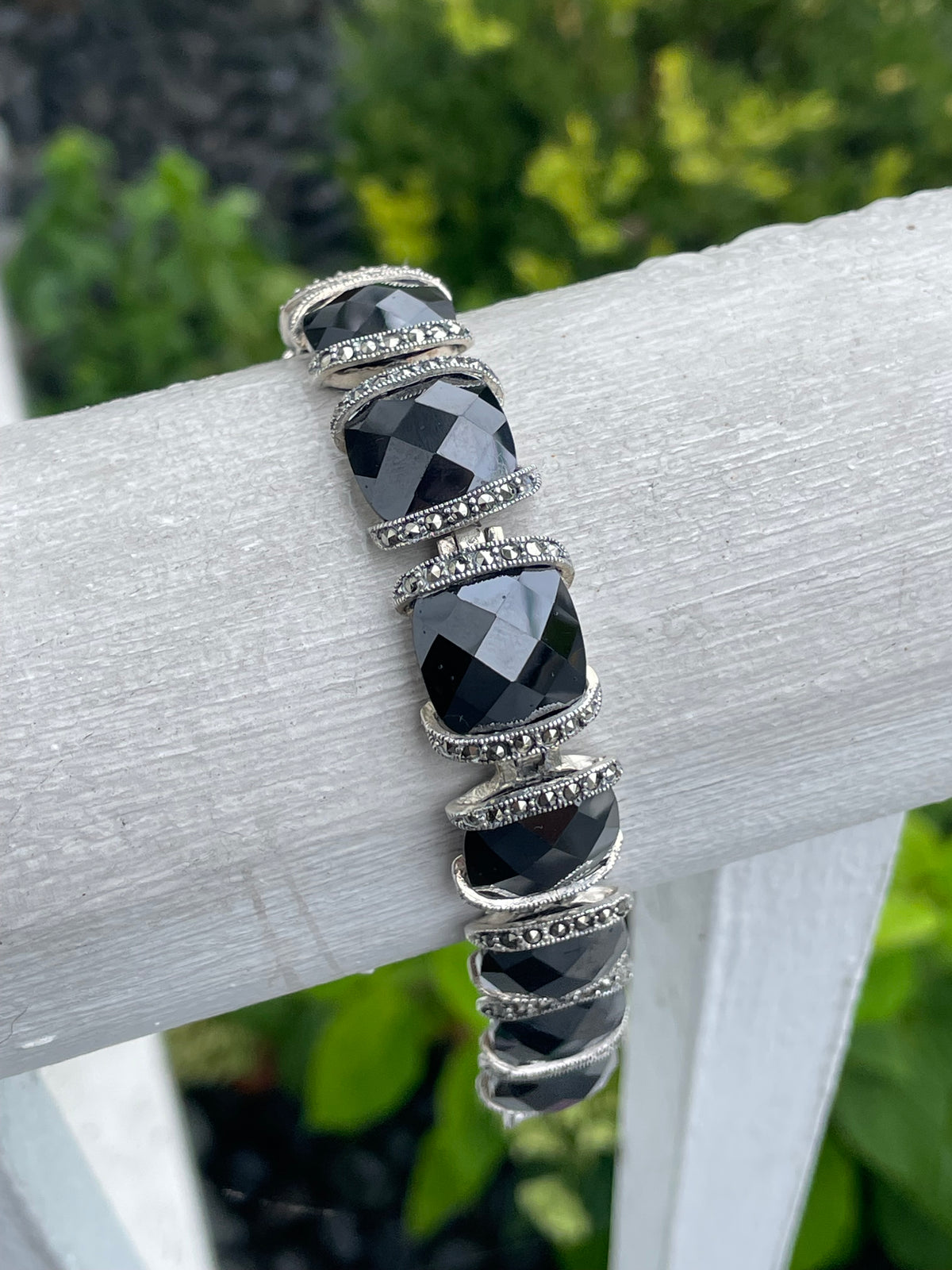 925 Sterling Silver Large Black Onyx & Marcasite Chunky Bracelet 8”
