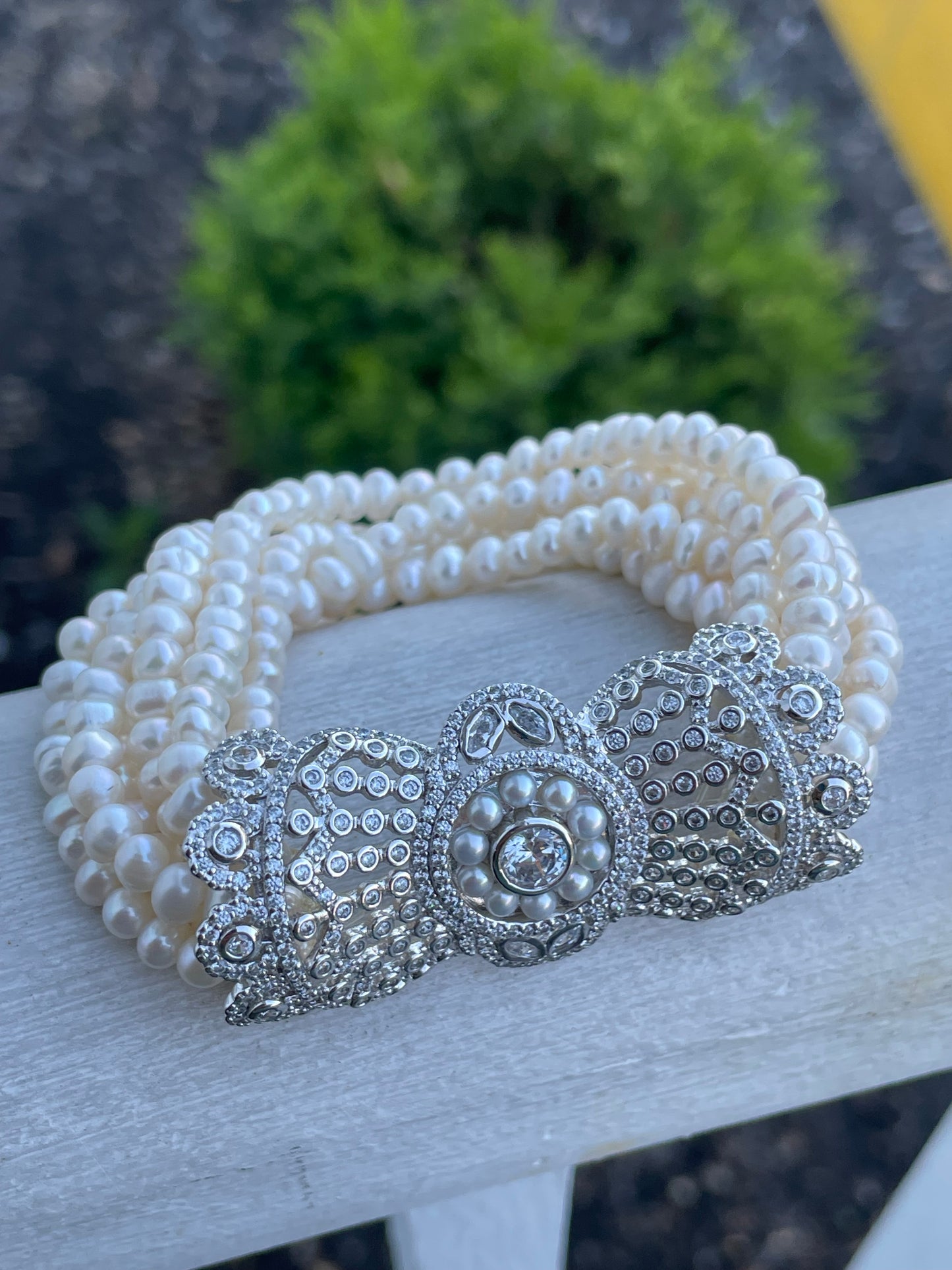 925 Sterling Silver Multi Stranded Pearl Art Deco Bridal / Prom Day Bracelet