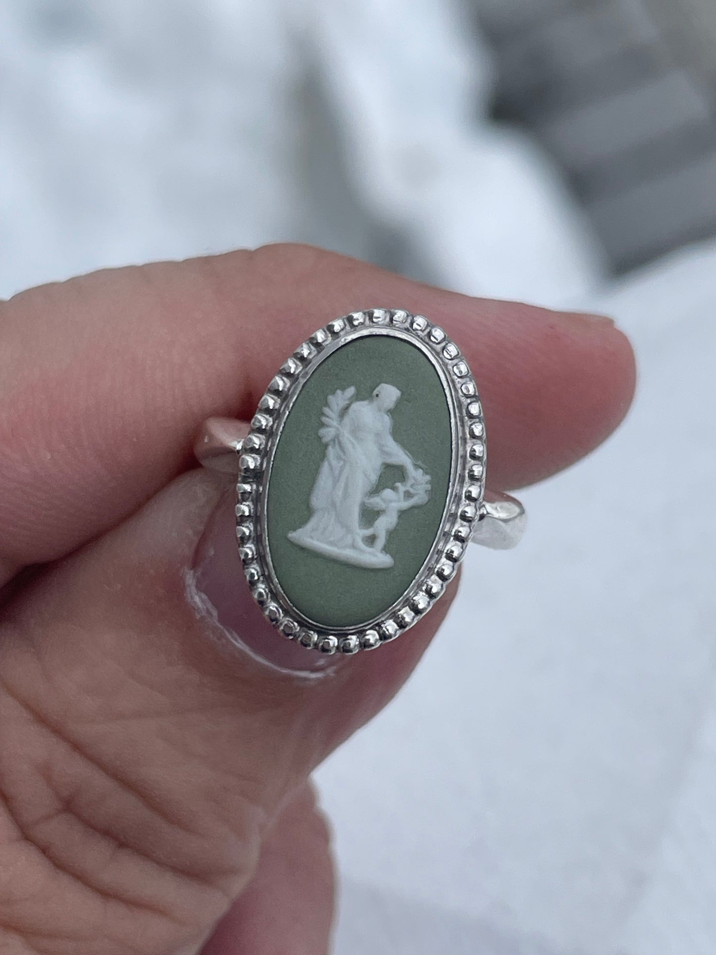 Designer Wedgwood 925 Sterling Silver Green Jasper Cameo Ring Size 6