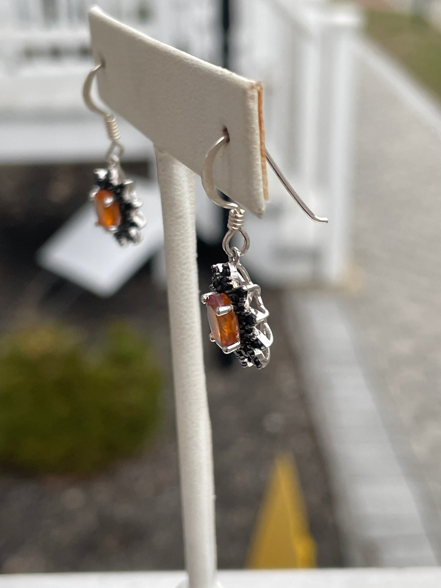 925 Sterling Silver Australian Opal and Black Zirconia Cluster Dangle Earrings