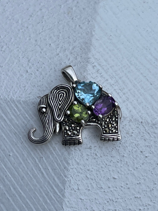 Aura by TJM 925 Sterling Silver Designer Multi color stone elephant pendant charm