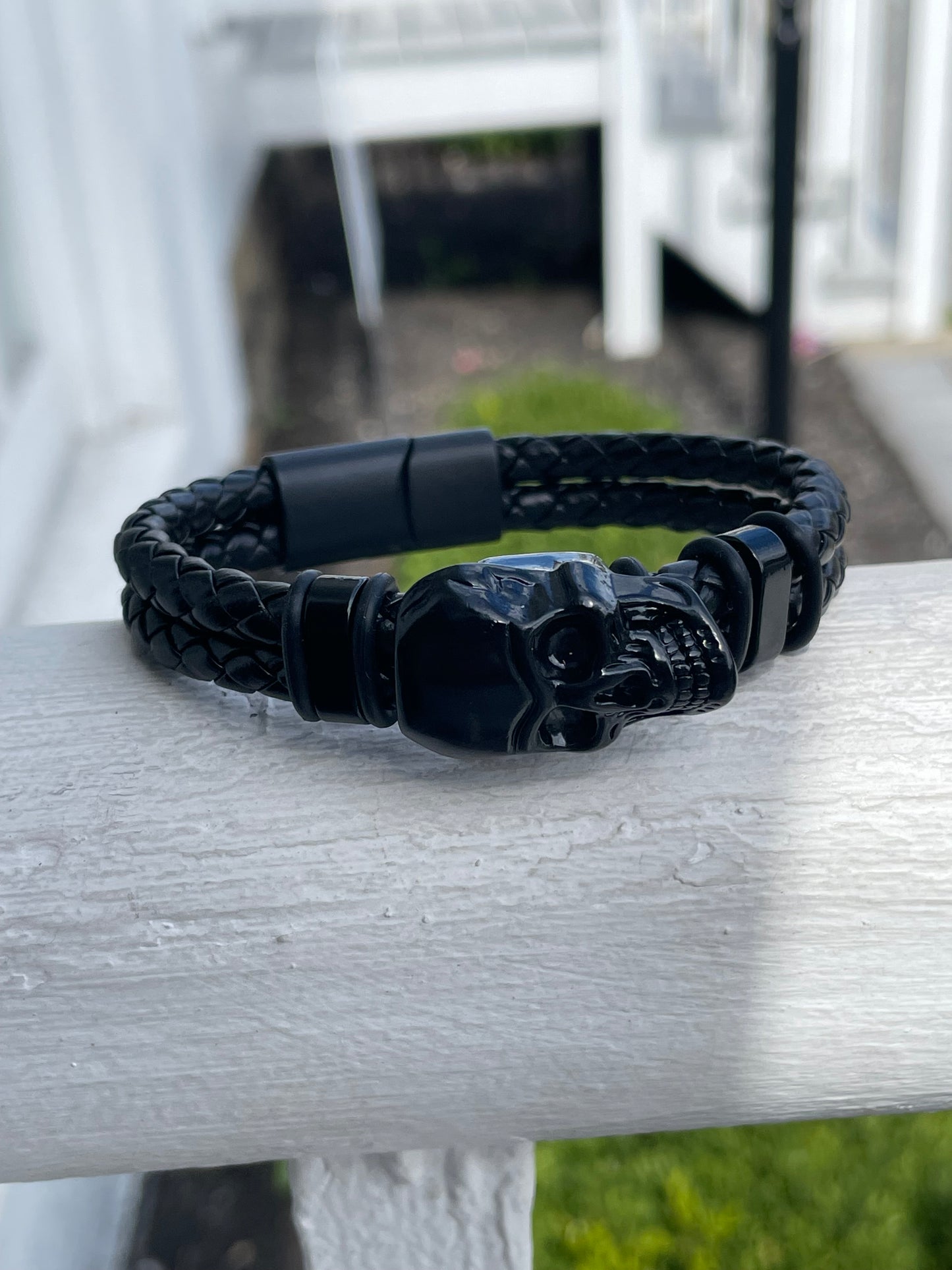 Black Leather Stainless Steel Skull 8” Bracelet