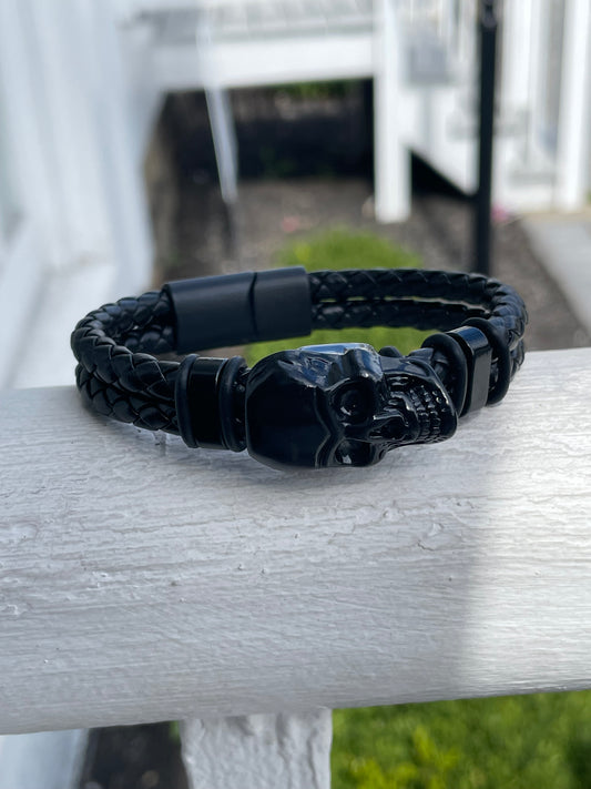Black Leather Stainless Steel Skull 8” Bracelet