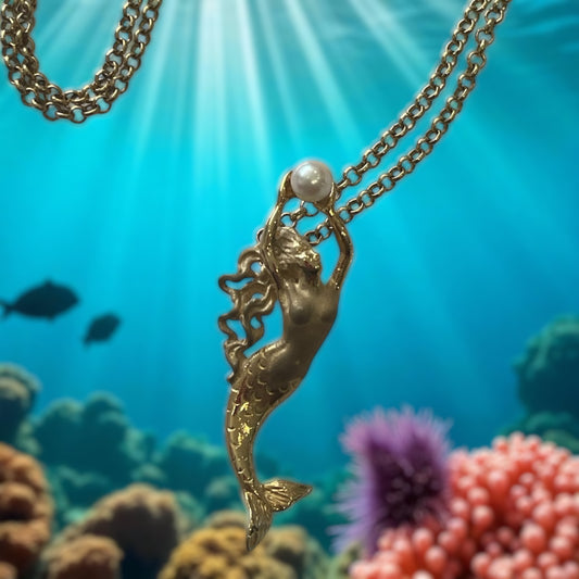 14k Solid Gold Handmade Freshwater Pearl Mermaid Necklace