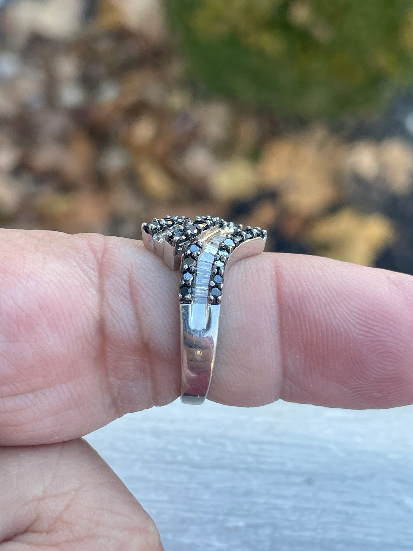 925 Sterling Silver Natural Black & White Diamond Bypass Ring Size 7