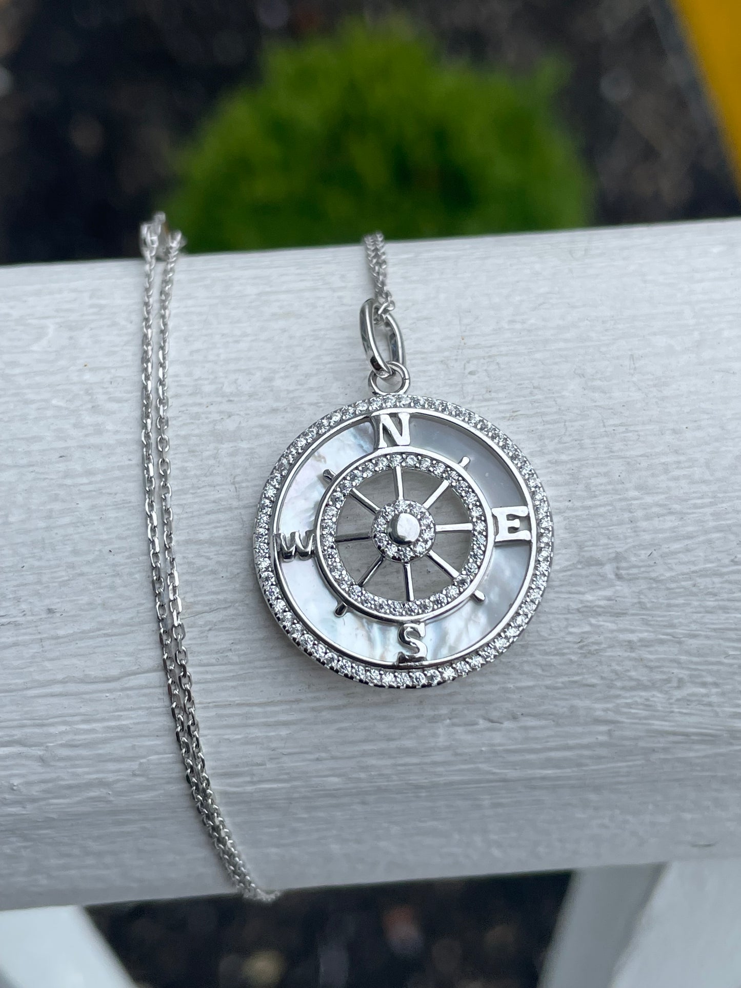 925 Sterling Silver Mother of Pearl & Cz Compass Necklace 16”-18”
