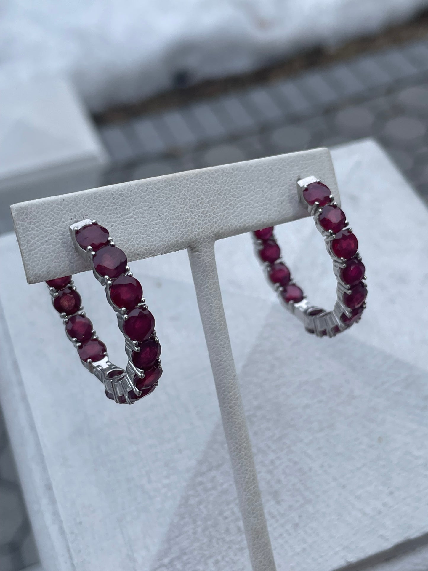925 Sterling Silver Lab Created Ruby 35mm Stone Hoop Earrings