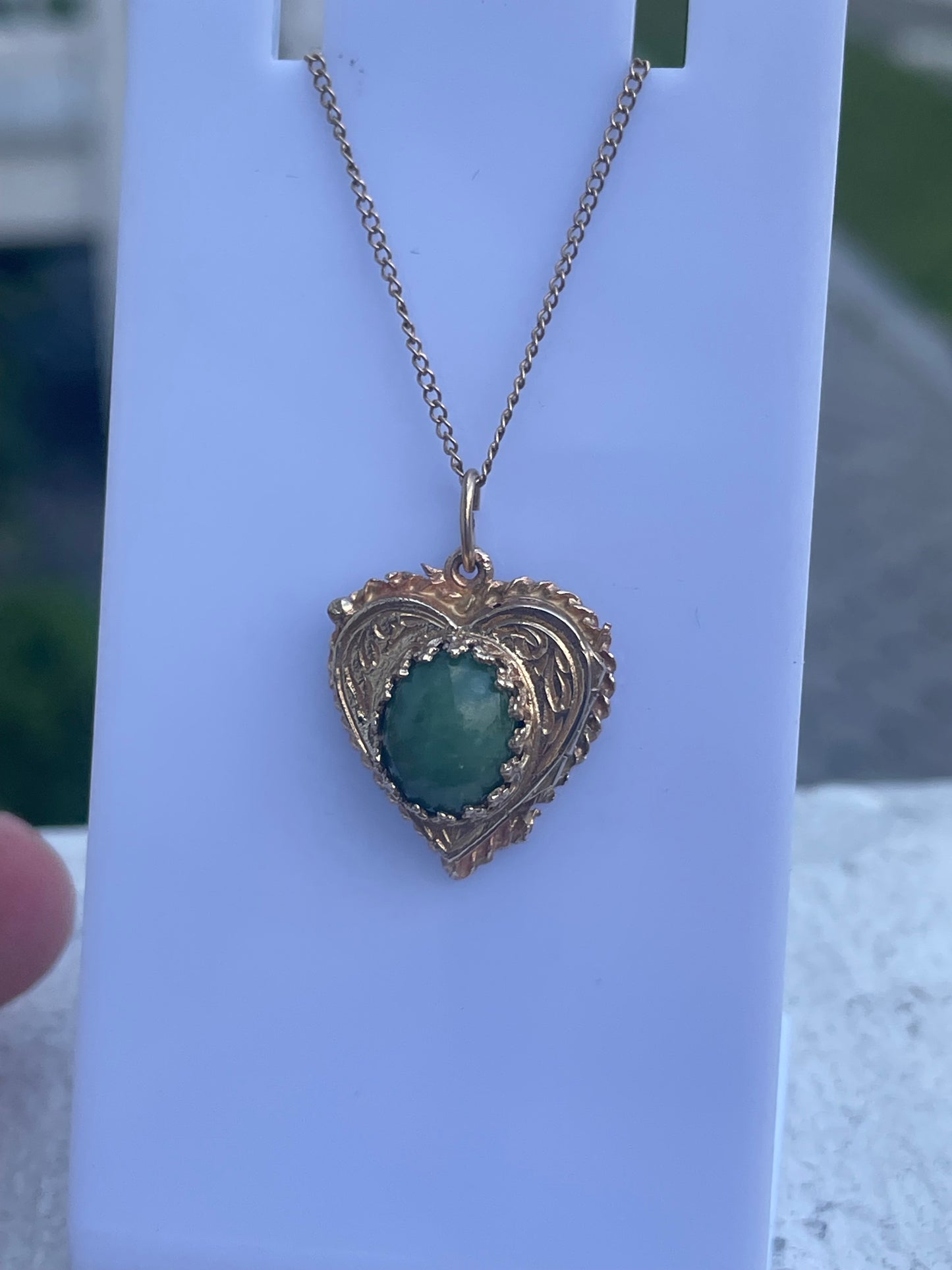 14k Gold Antique Natural Jade Heart Locket Necklace 18”