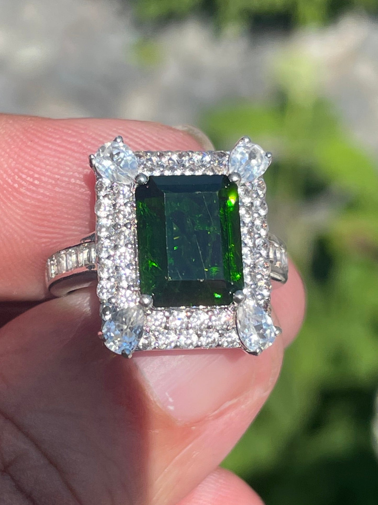 925 Sterling Silver Chrome Diopside & Cz Cluster Ring Size 6