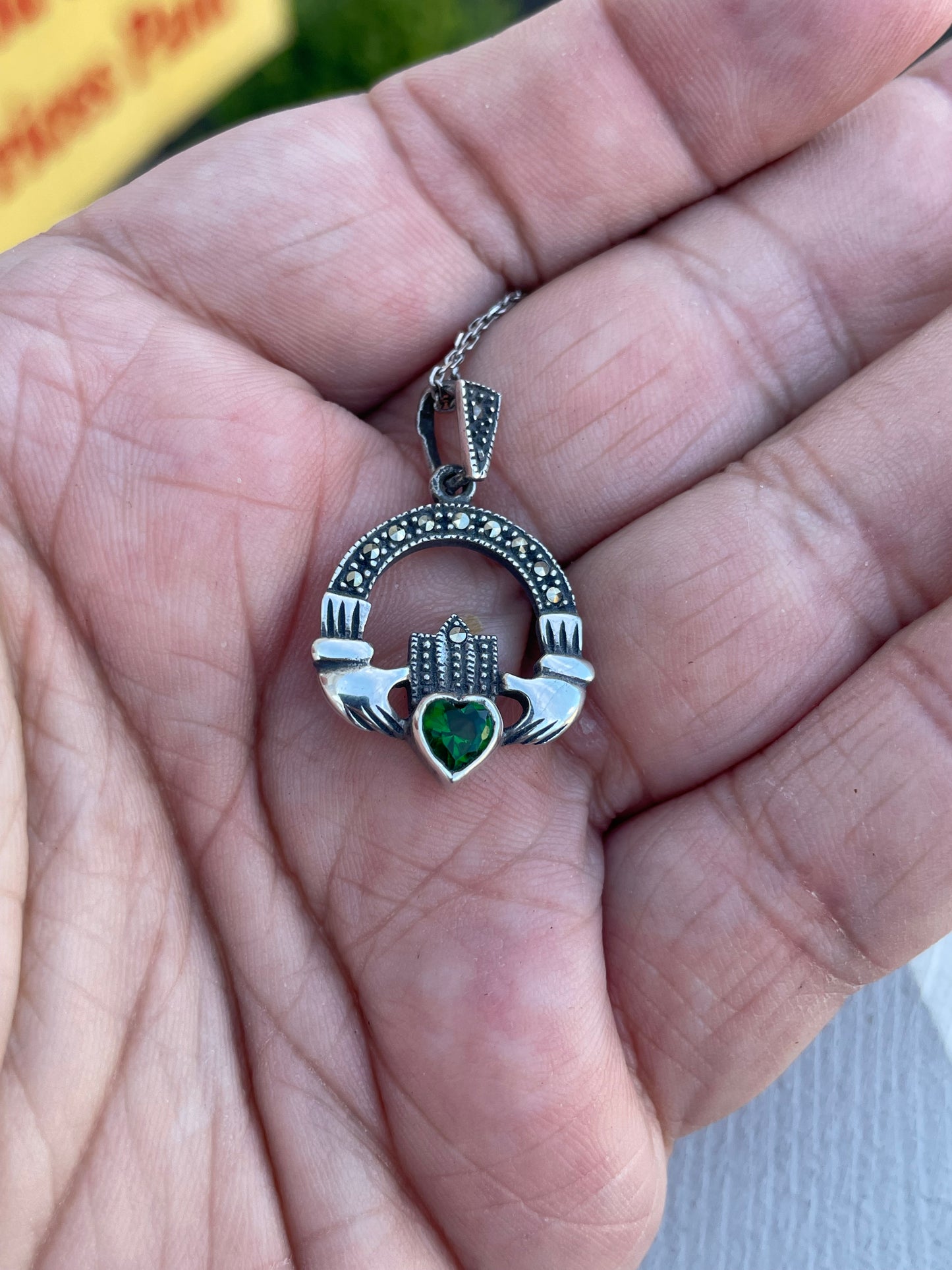 925 Sterling Silver Irish Claddagh Simulated Emerald & Marcasite Necklace