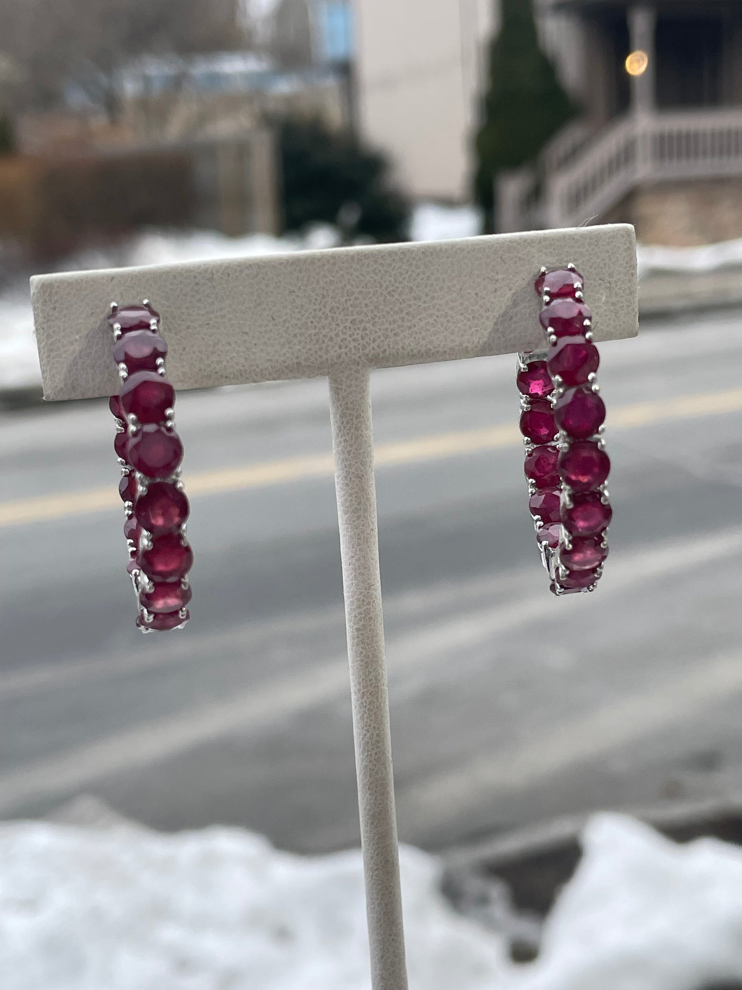 925 Sterling Silver Lab Created Ruby 35mm Stone Hoop Earrings