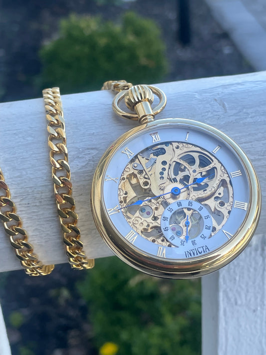 Invicta Automatic Gold Plated Pocket Watch w/ Chain