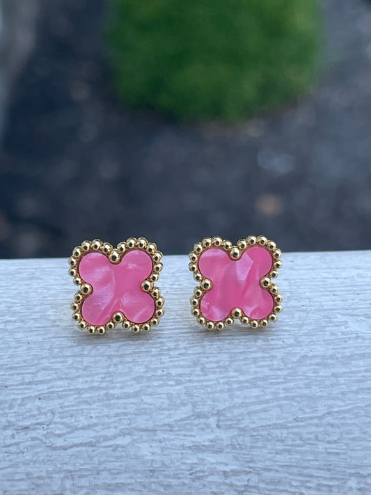Stainless Steel Vermeil Van Cleef Style Pink Clover Earrings