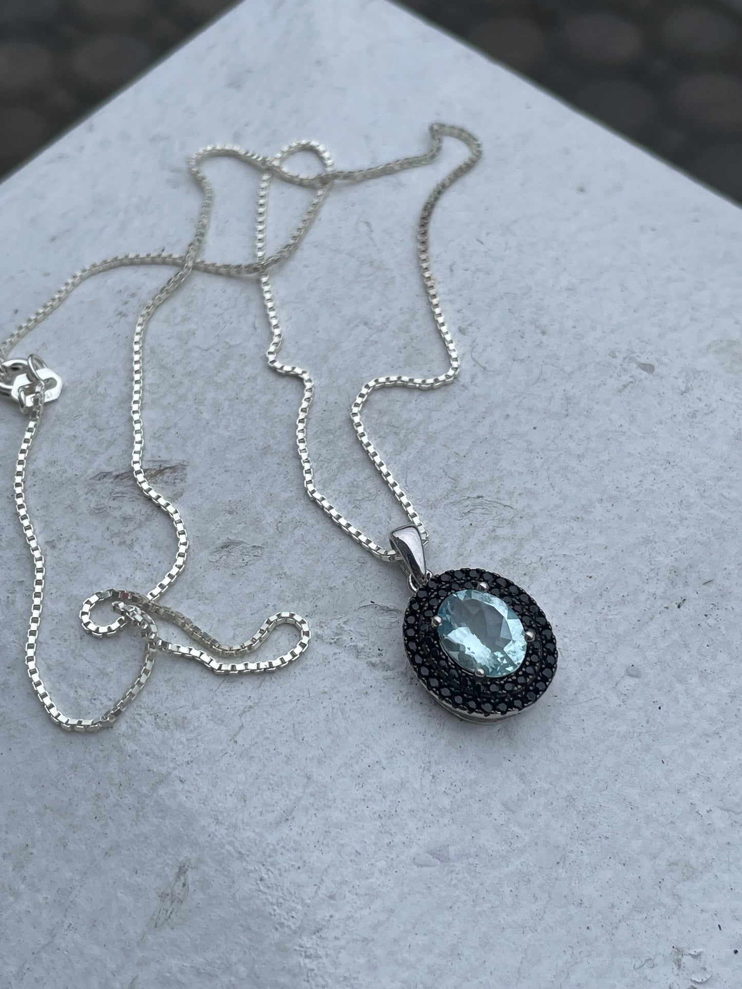 925 Sterling Silver Blue Topaz & Black Zirconia Necklace