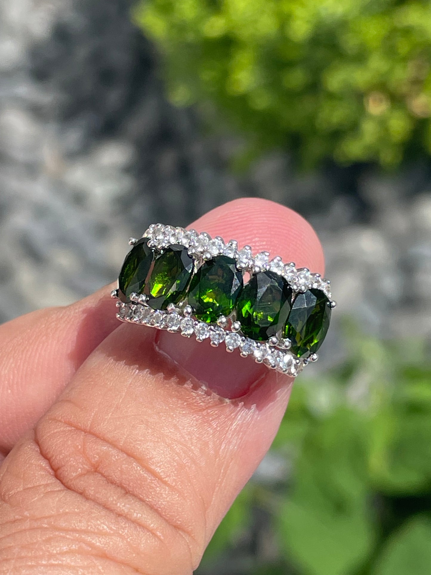925 Sterling Silver Chrome Diopside & Cz Large Stone Band Ring Size 6