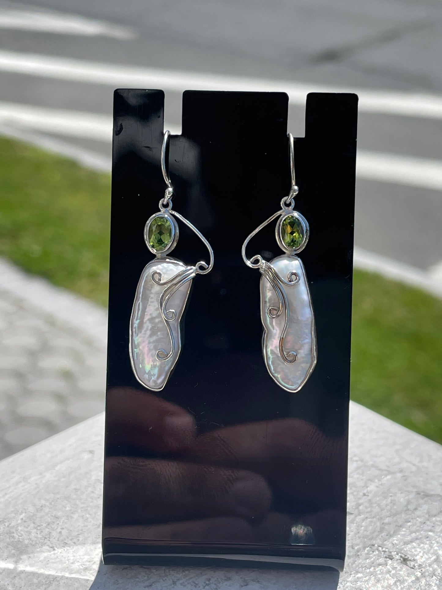 925 Sterling Silver Handmade Mother of Pearl & Peridot Dangle Earrings