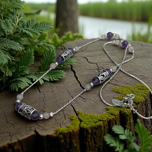 Designer Paz 925 Sterling Silver Amethyst & Rose Quartz Bead Necklace