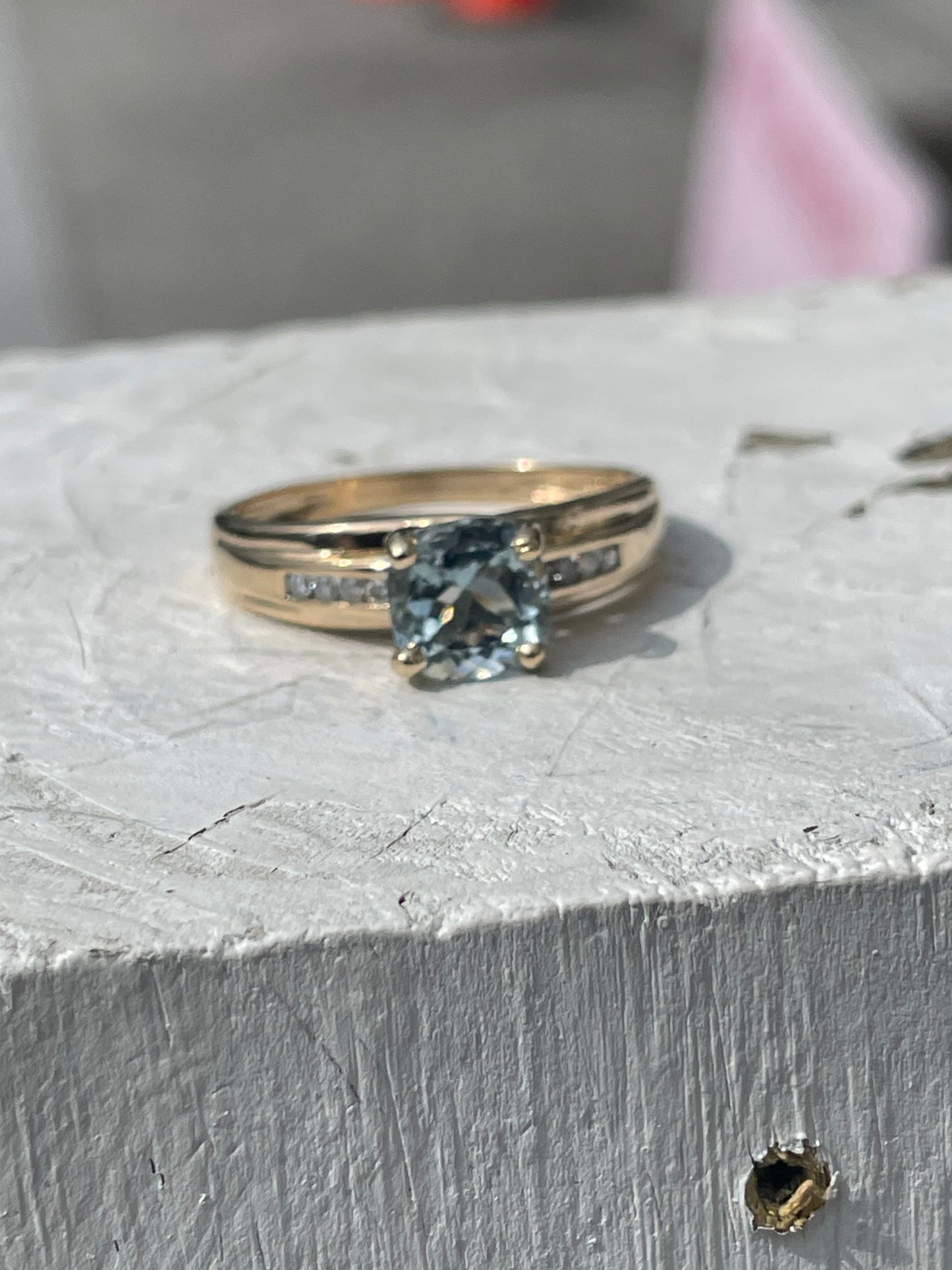 14k Gold Aquamarine & Diamond Solitaire Ring