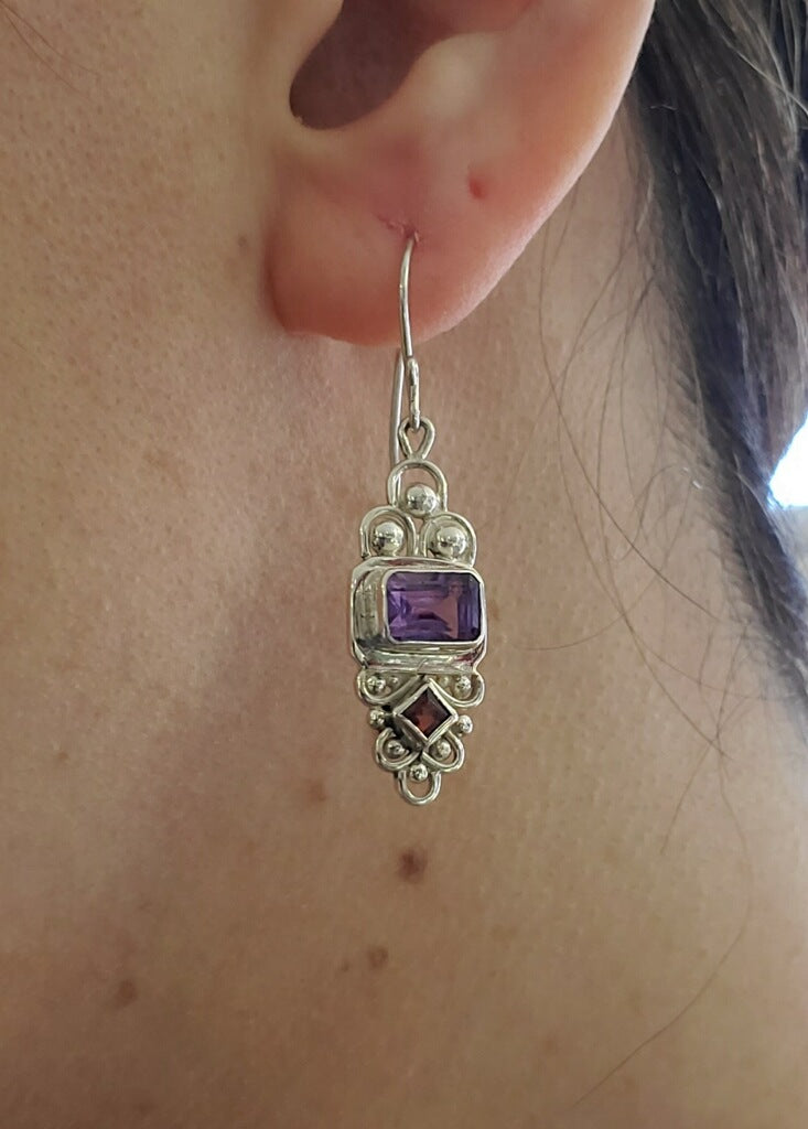 925 Sterling Silver Amethyst & Garnet Euro Filigree Dangle Earrings