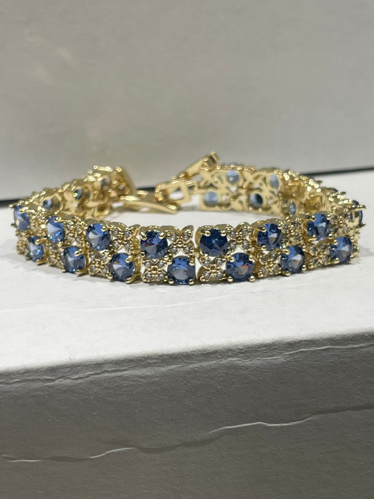 Simulated Tanzanite & Cz Double Row Gold Plated 7” Tennis Bracelet