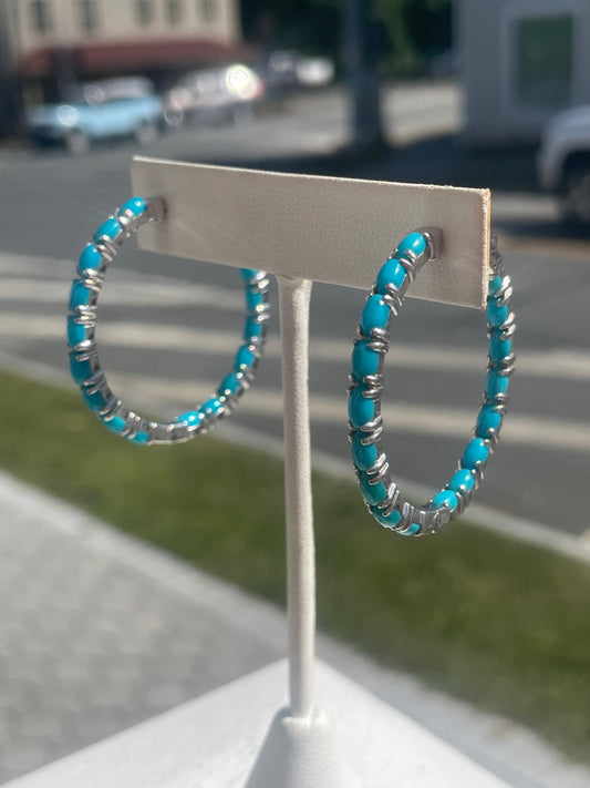 Designer JCL 925 Sterling Silver Turquoise Stone Hoop Earrings