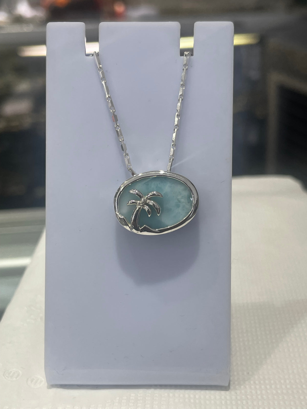 925 Sterling Silver Oval Larimar Paradise Island Necklace 18”