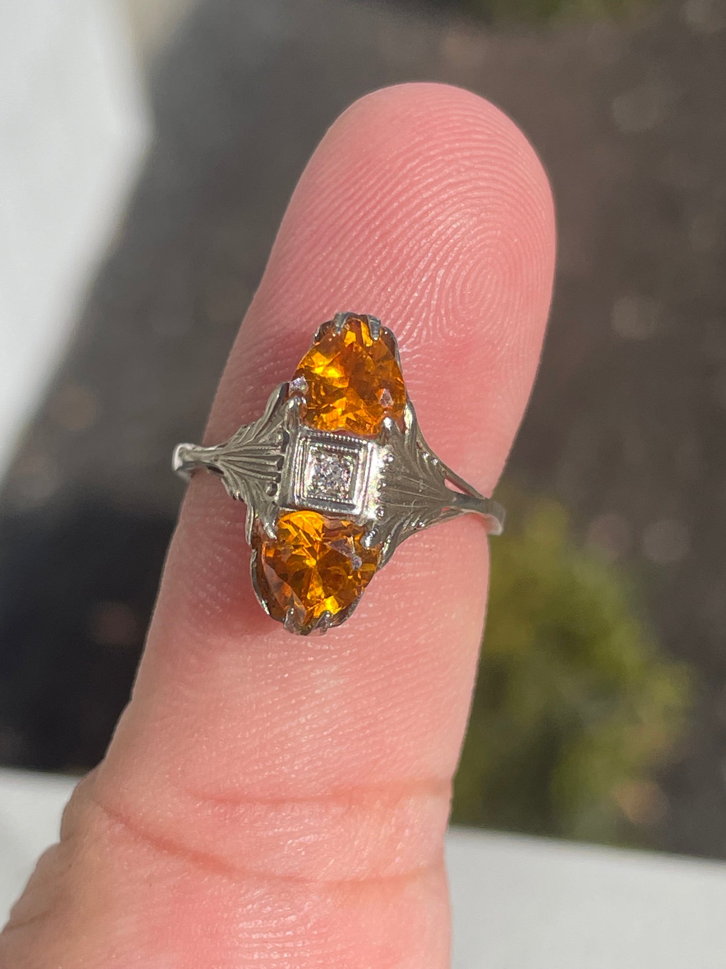 14k White Gold Antique Art Deco Double Heart Citrine & Diamond Ring Size 7.5