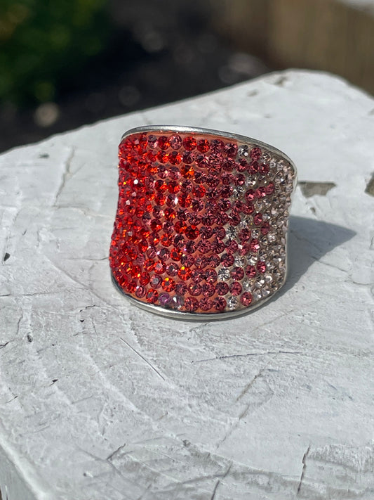 925 Sterling Silver Convex Shades of Red Crystal Ring