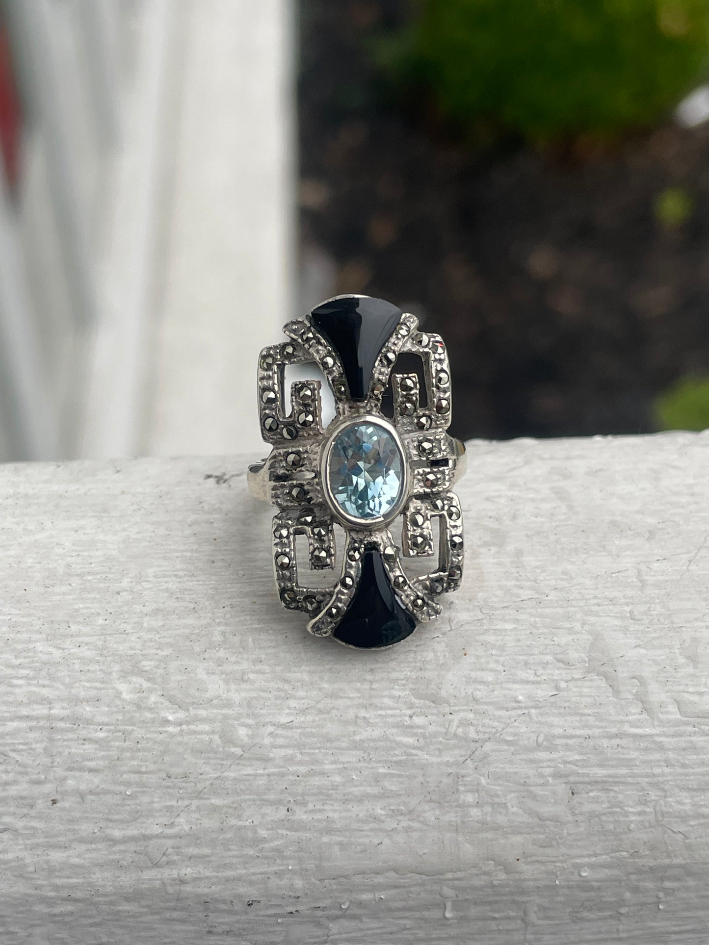 925 Sterling Silver Greek Key Blue Topaz + Black Onyx & Marcasite Cluster Ring Size 6
