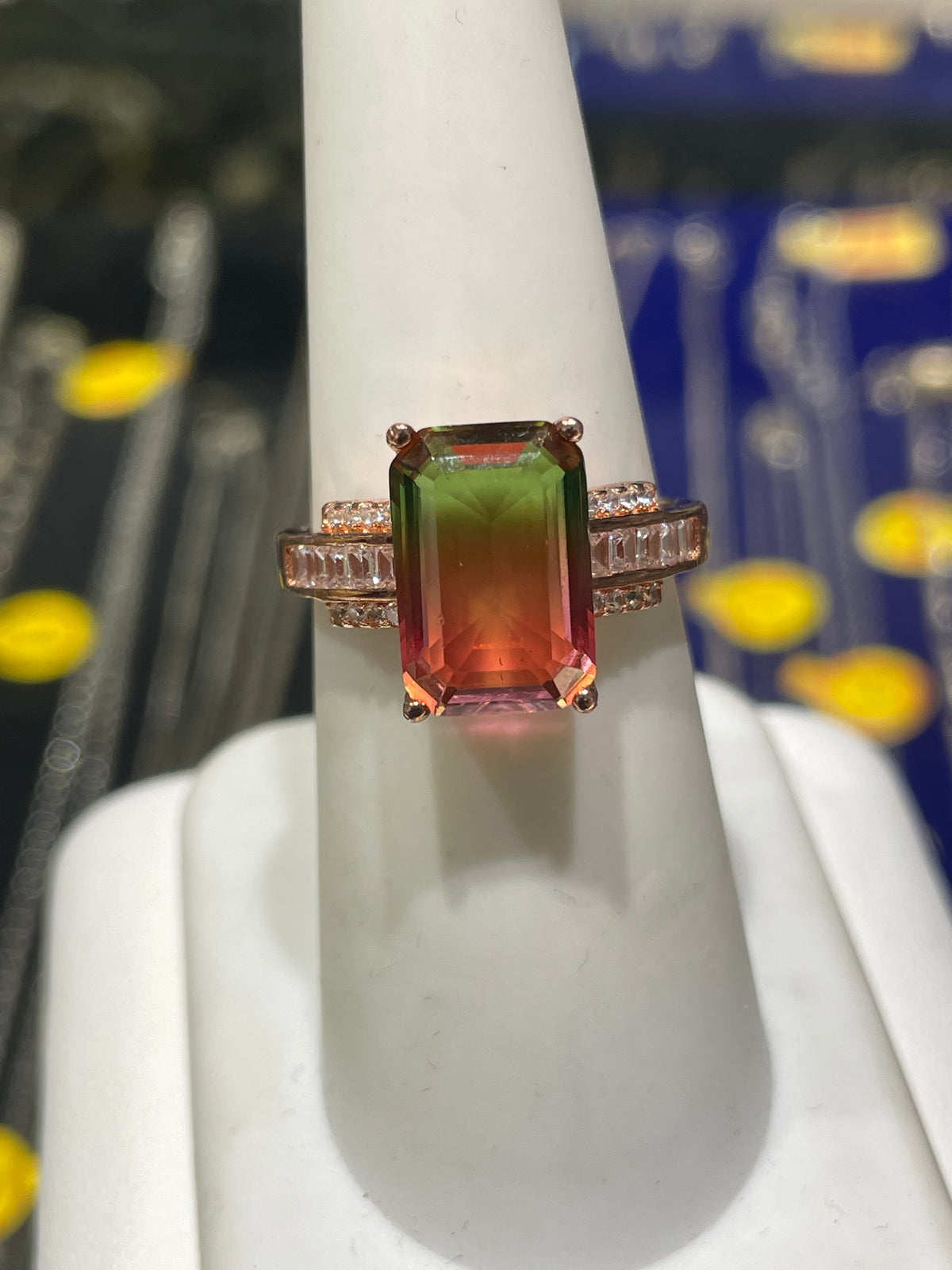925 Sterling Silver Rose Vermeil Watermelon Quartz & Cz Ring Size 7
