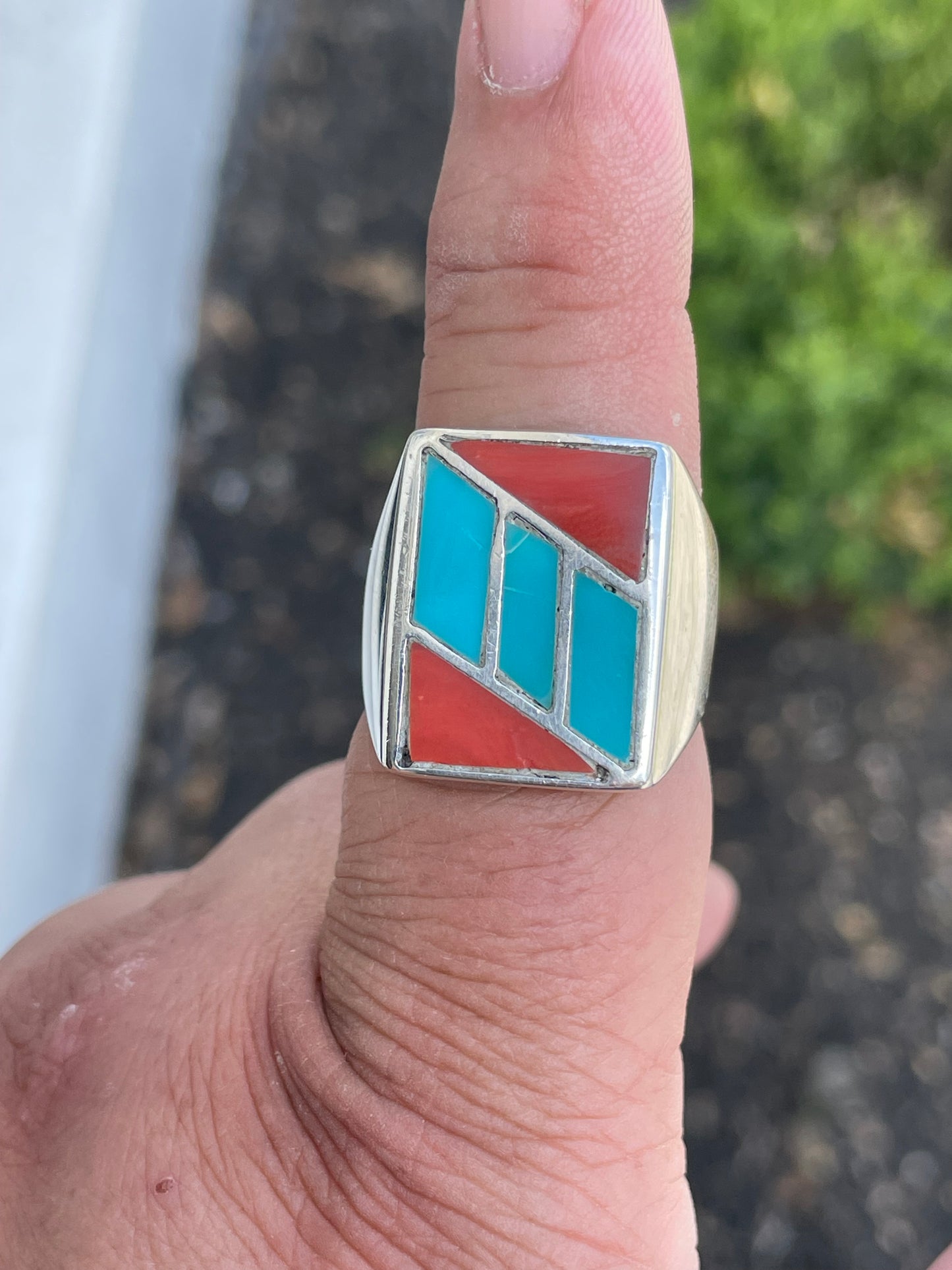 925 Sterling Silver Mens Turquoise & Carnelian Inlay Signet Style Ring Size 11