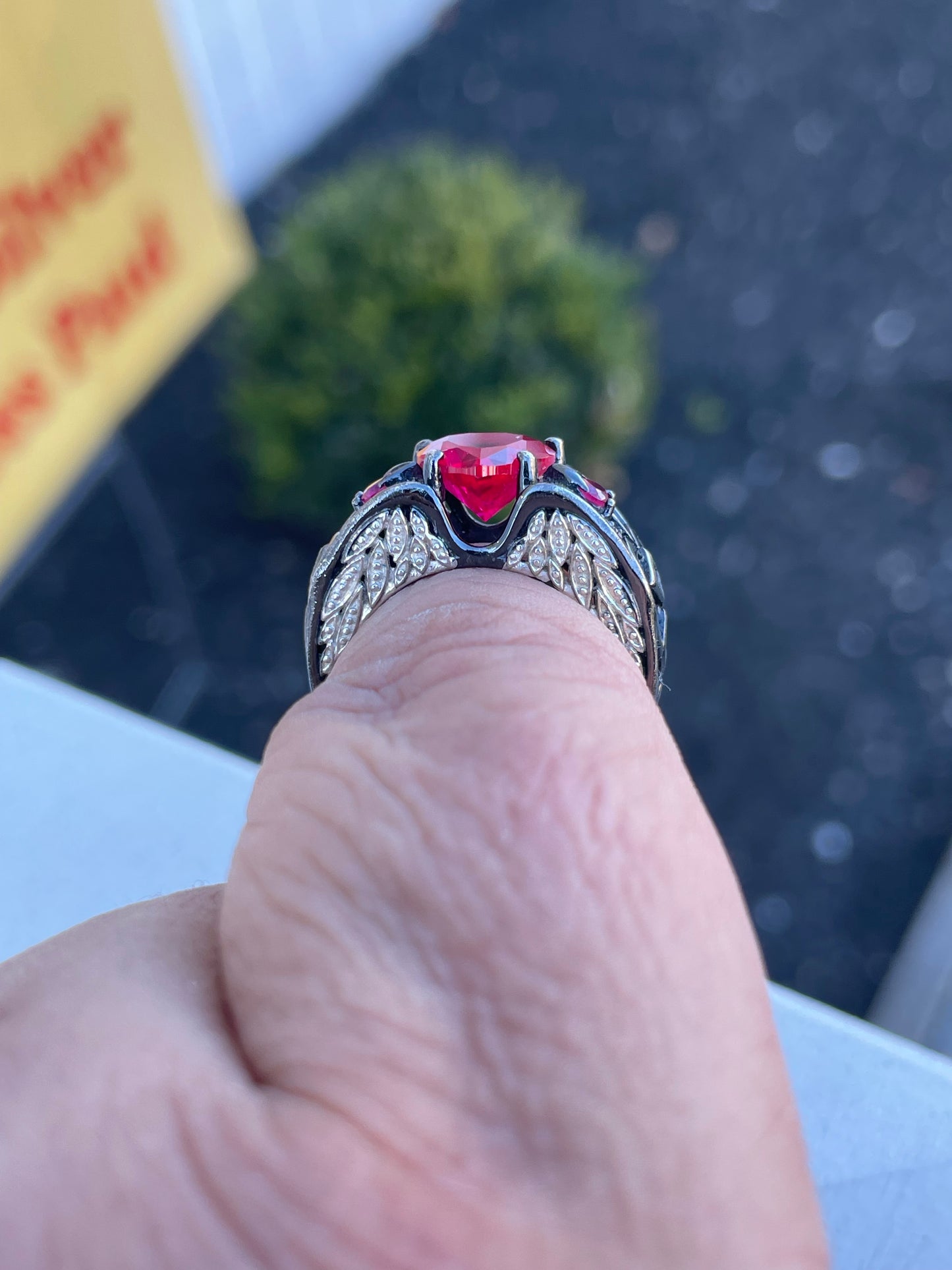 925 Sterling Silver Oxidized Red Heart Guardian Angel Ring Sz 7