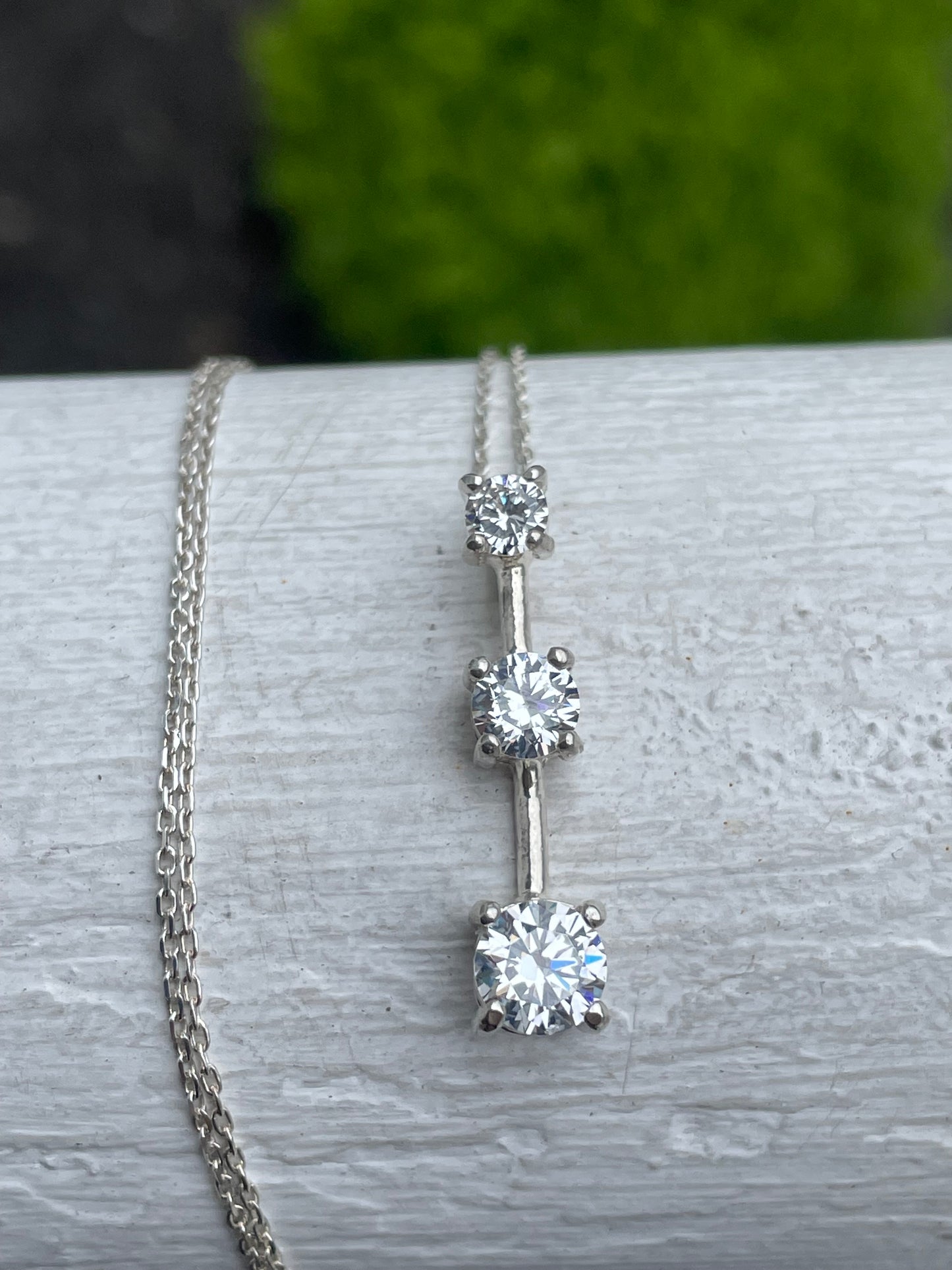 925 Sterling Silver Vertical Past Present Future Cz Drop Necklace 20”