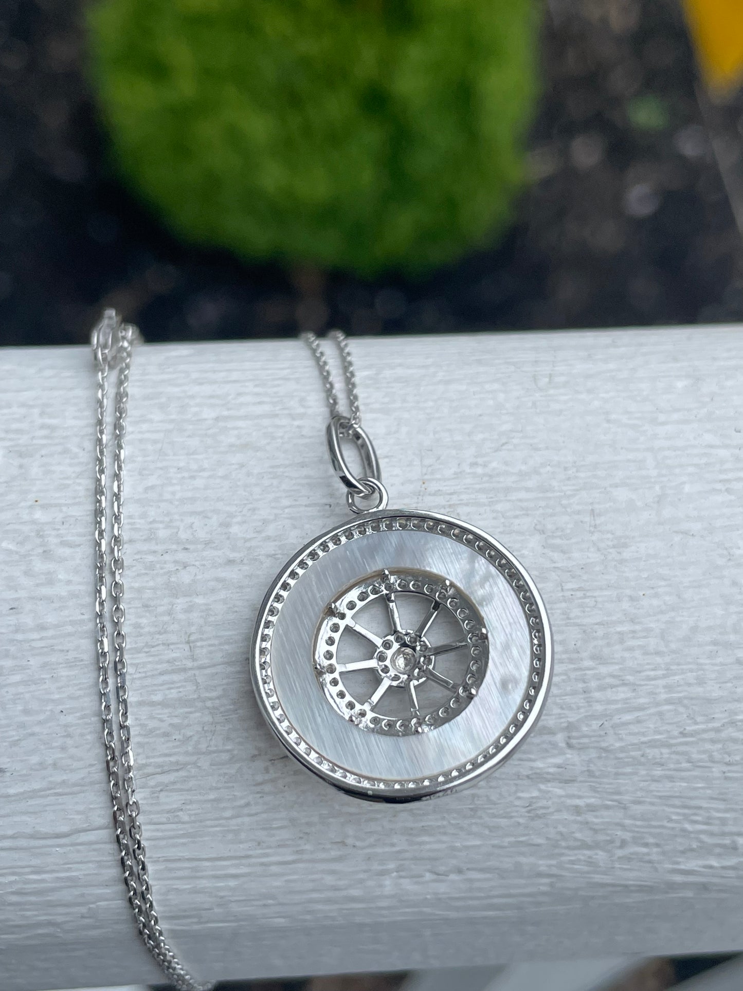 925 Sterling Silver Mother of Pearl & Cz Compass Necklace 16”-18”