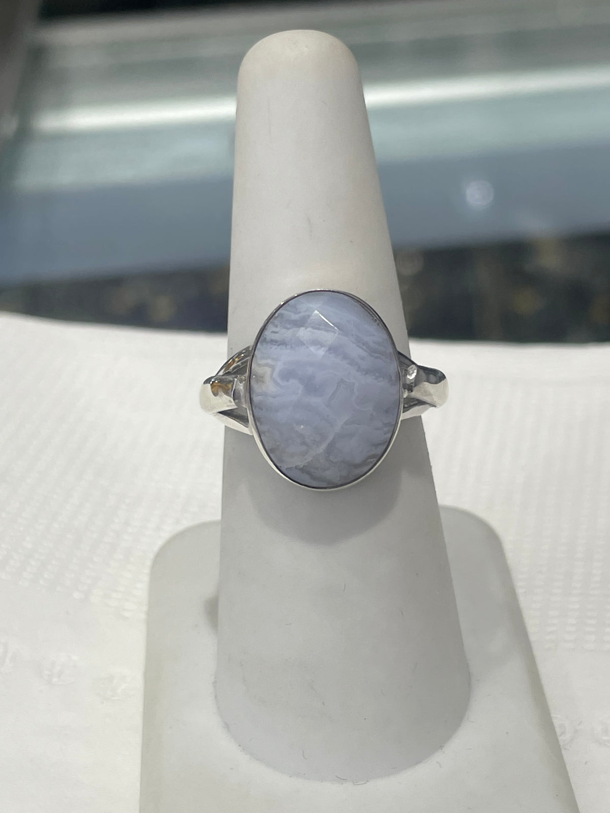 925 Sterling Silver Blue Lace Agate Solitaire Statement Ring Size 6.5