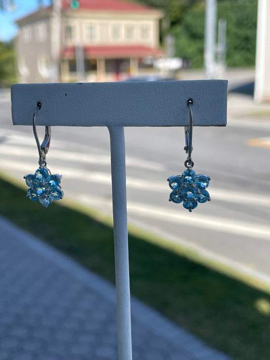 925 Sterling Silver Blue Topaz Dangle Flower Earrings