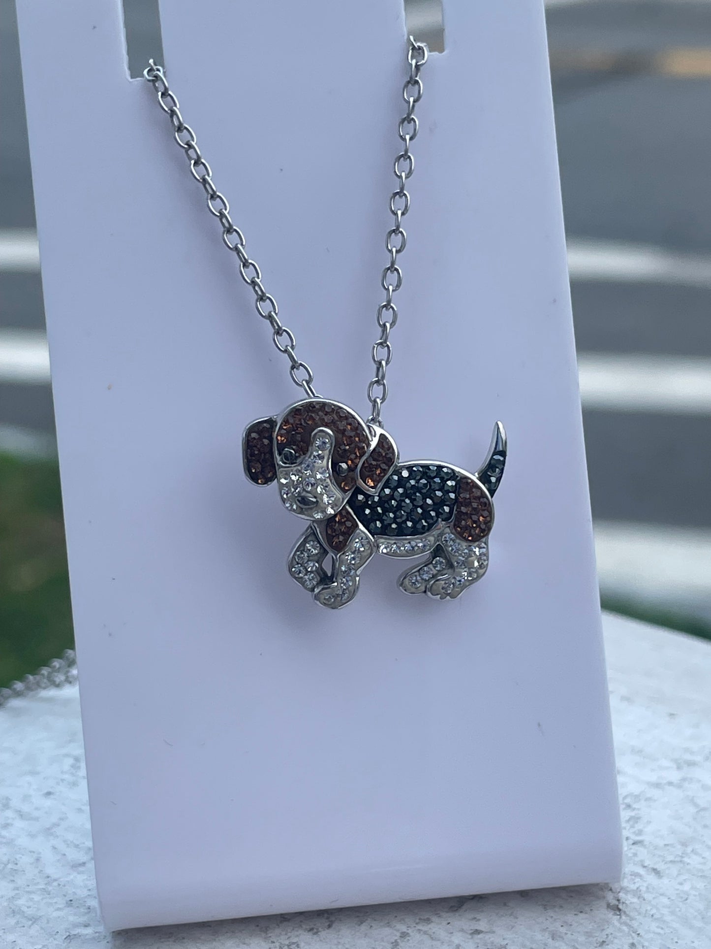 Designer Animal Planet 925 Sterling Silver Sparkling Crystal Beagle Dog Necklace 18”