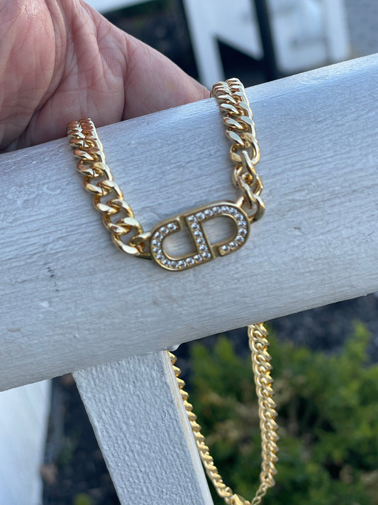 Gold Plated CD Christian Dior Lookalike Cuban Link Chunky Choker Necklace