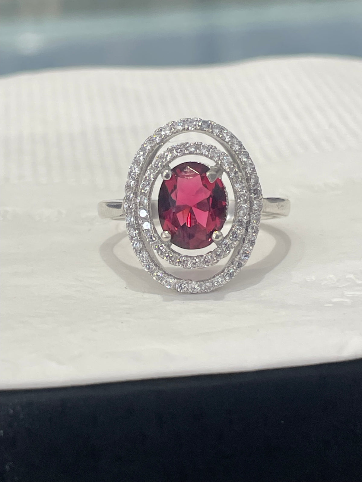 925 Sterling Silver Simulated Ruby & Clear Zirconia Statement Ring