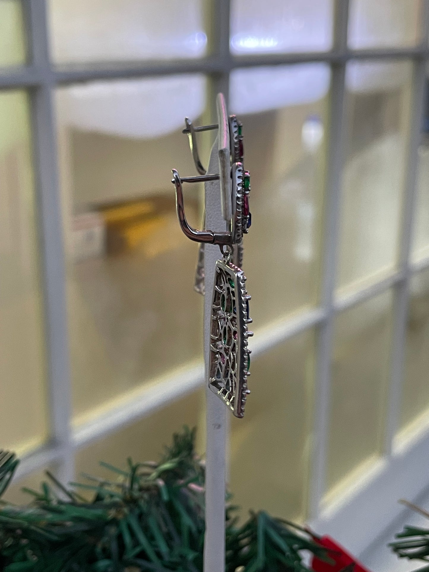 925 Sterling Silver Multi Colored Stone Modernist Dangle Earrings