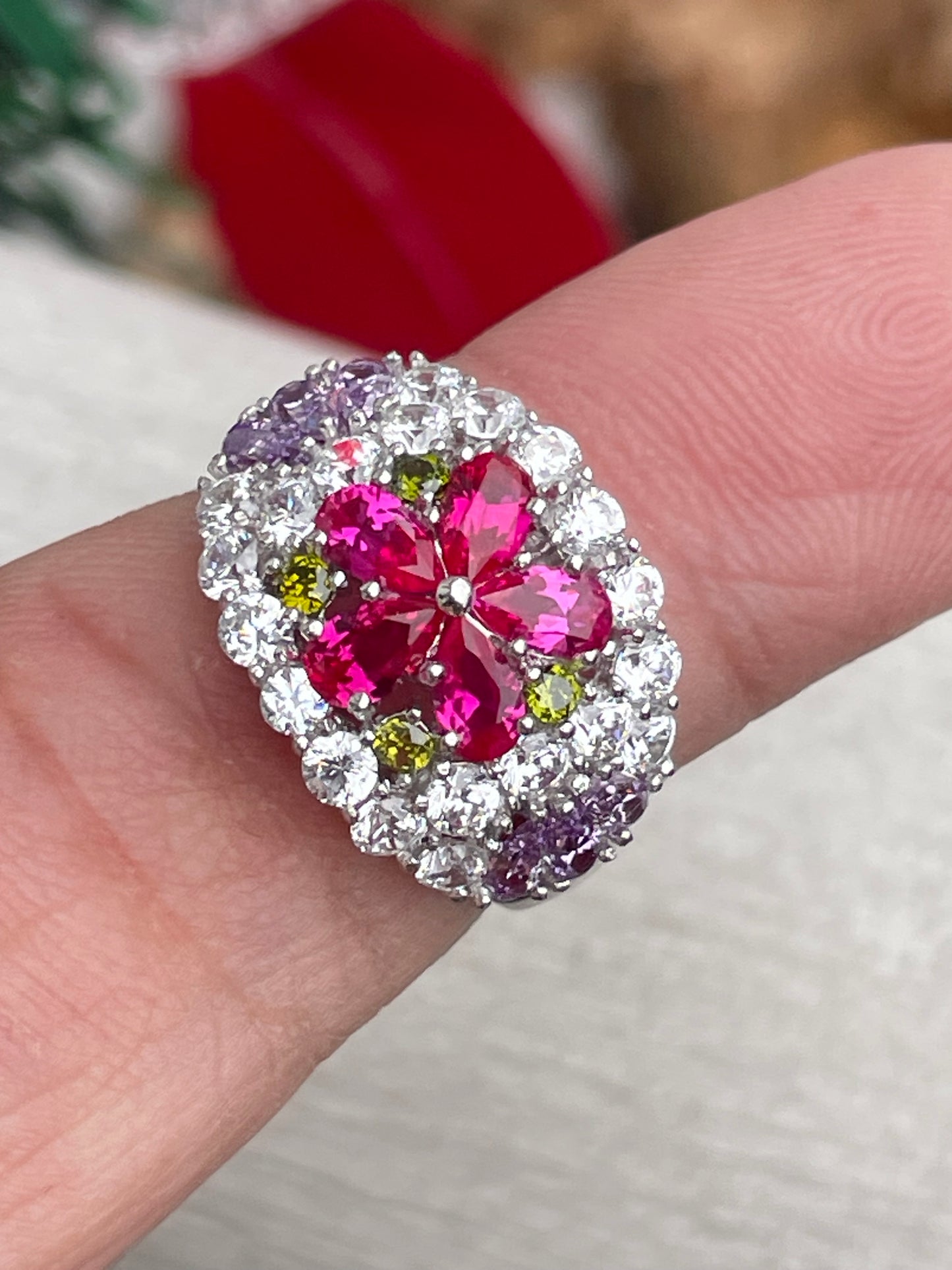 Silver Multi-Colored Cz Flower Bouquet Ring