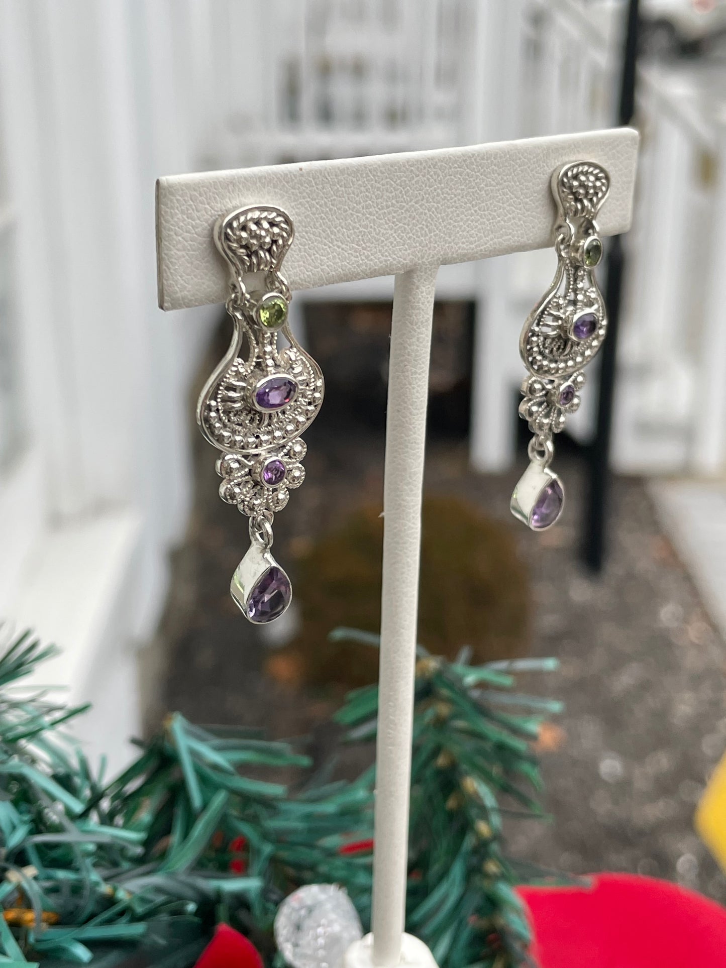 Designer SLG 925 Sterling Silver Amethyst & Peridot Dangle Earrings