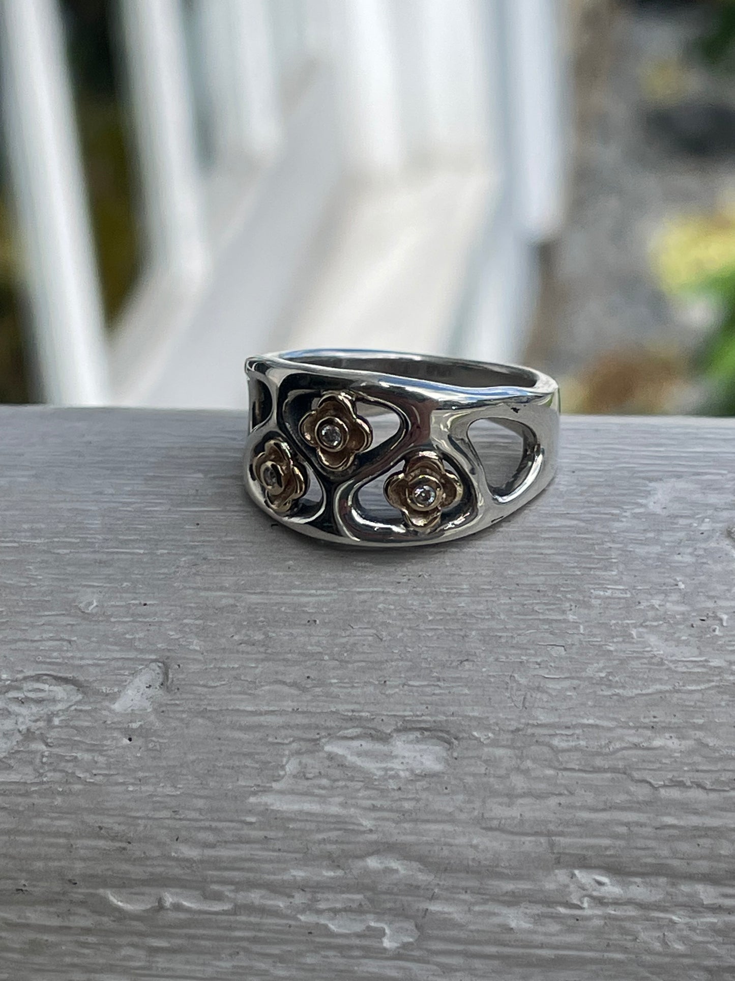 Retired Pandora 190154D - ALE 925 & 14K Gold Diamond Flower Ring Size 7.5